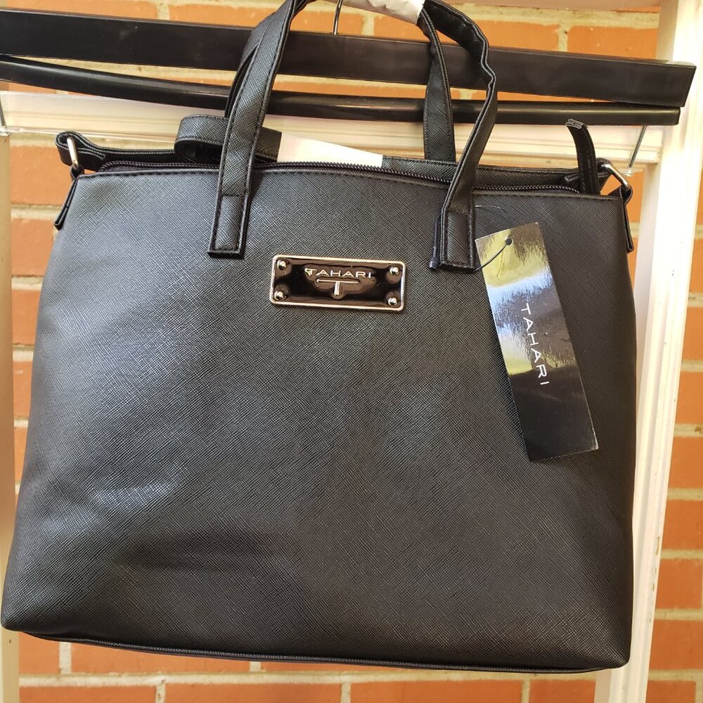 BNWT T TAHARI Saffiano jet black satchel / shoulder convertible sizeable (OS)